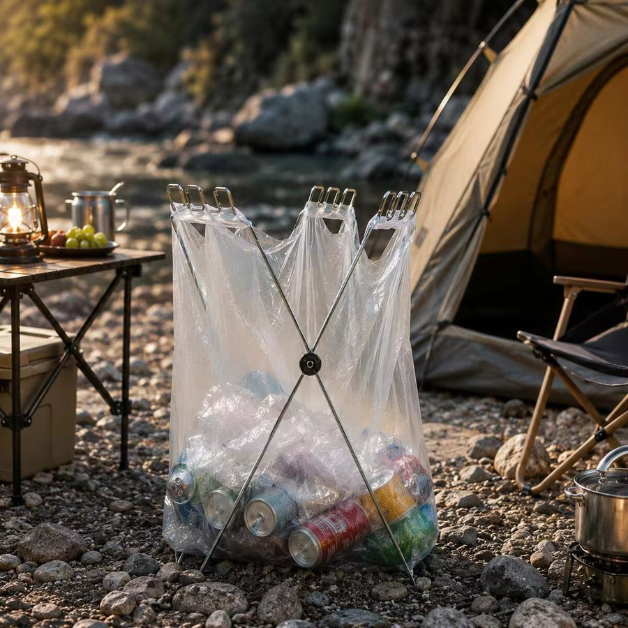 1pc Foldable Thick Metal Camping Trash Rack, Portable Collapsible Trash Bag Holder, Space-Saving Garbage Bag Support Stand, Suitable For Outdoor Camping, Picnic, BBQ, RV, Beach, Garden, Kitchen, Leaf Collection, Recycling, Laundry And Travel Essentials