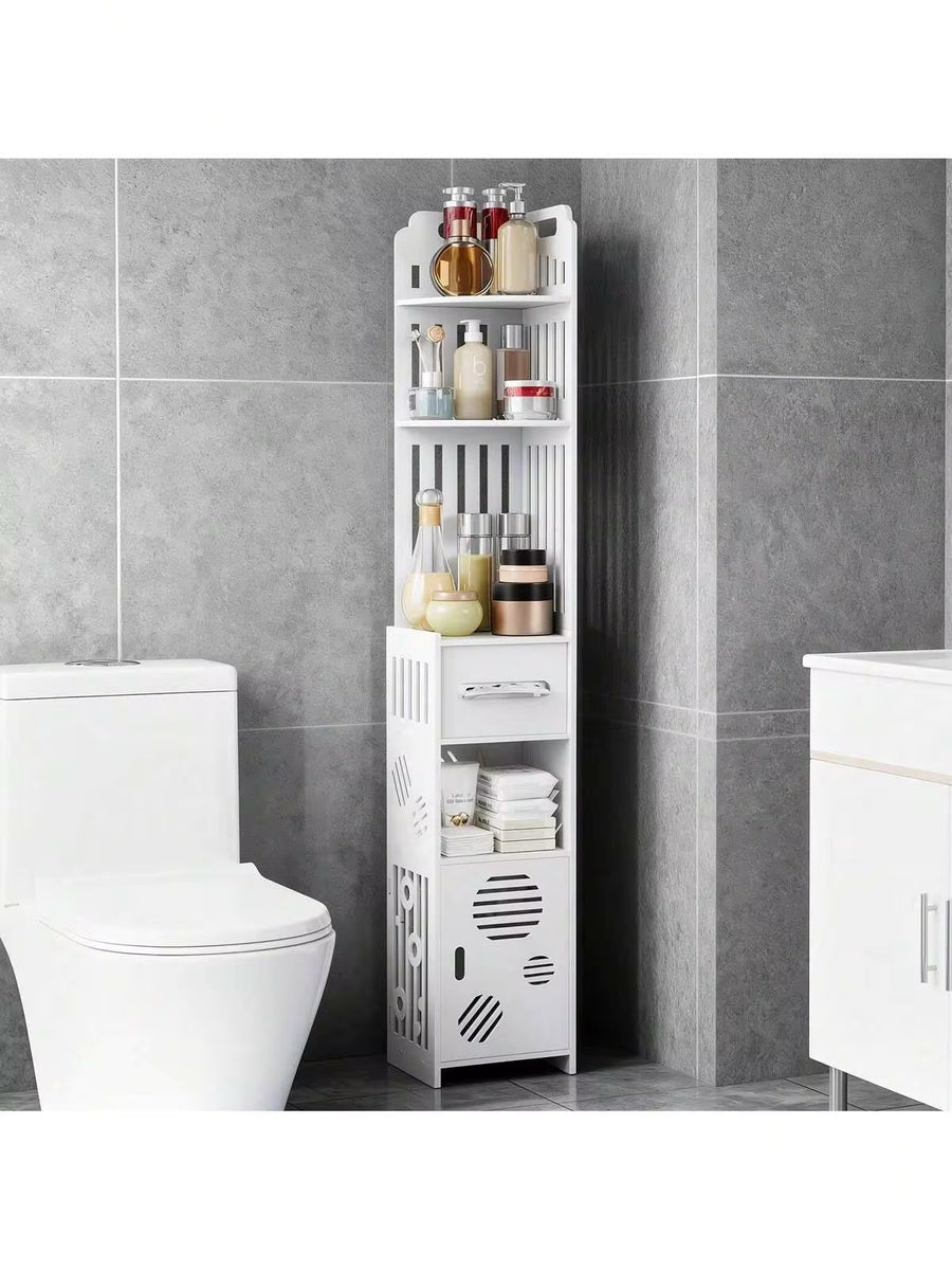 EZIFY 1PC Slim Corner Bathroom Storage Cabinet, Space-Saving Freestanding PVC Rack With Toilet Paper Holder, Easy Assembly Home Organizer Shelf